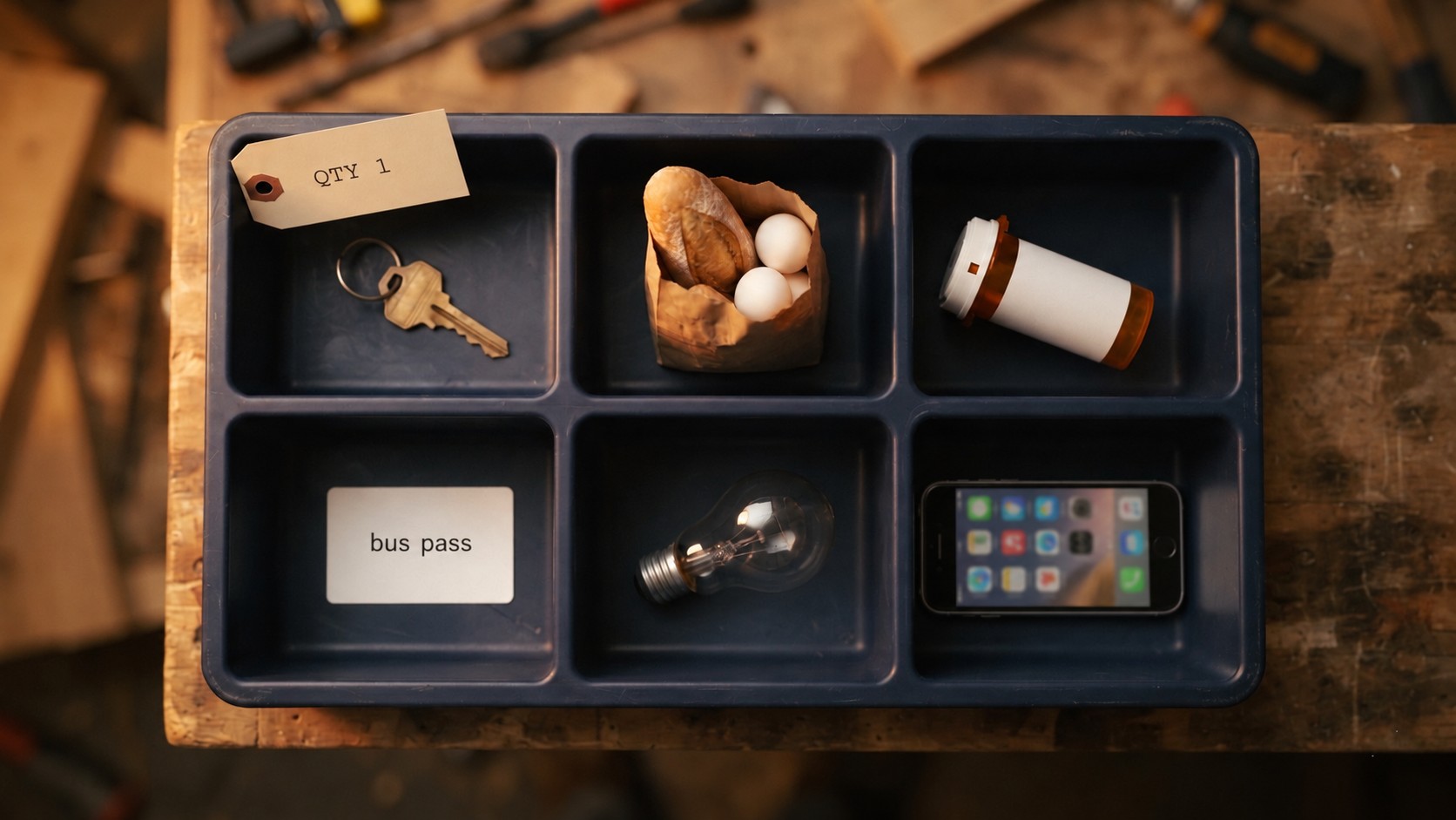 Overhead view of a factory parts-kit tray with six compartments, each holding one everyday item: a key, bread and eggs, a pill bottle, a blank transit card, a lightbulb, and a phone. A paper tag in one corner reads QTY 1.